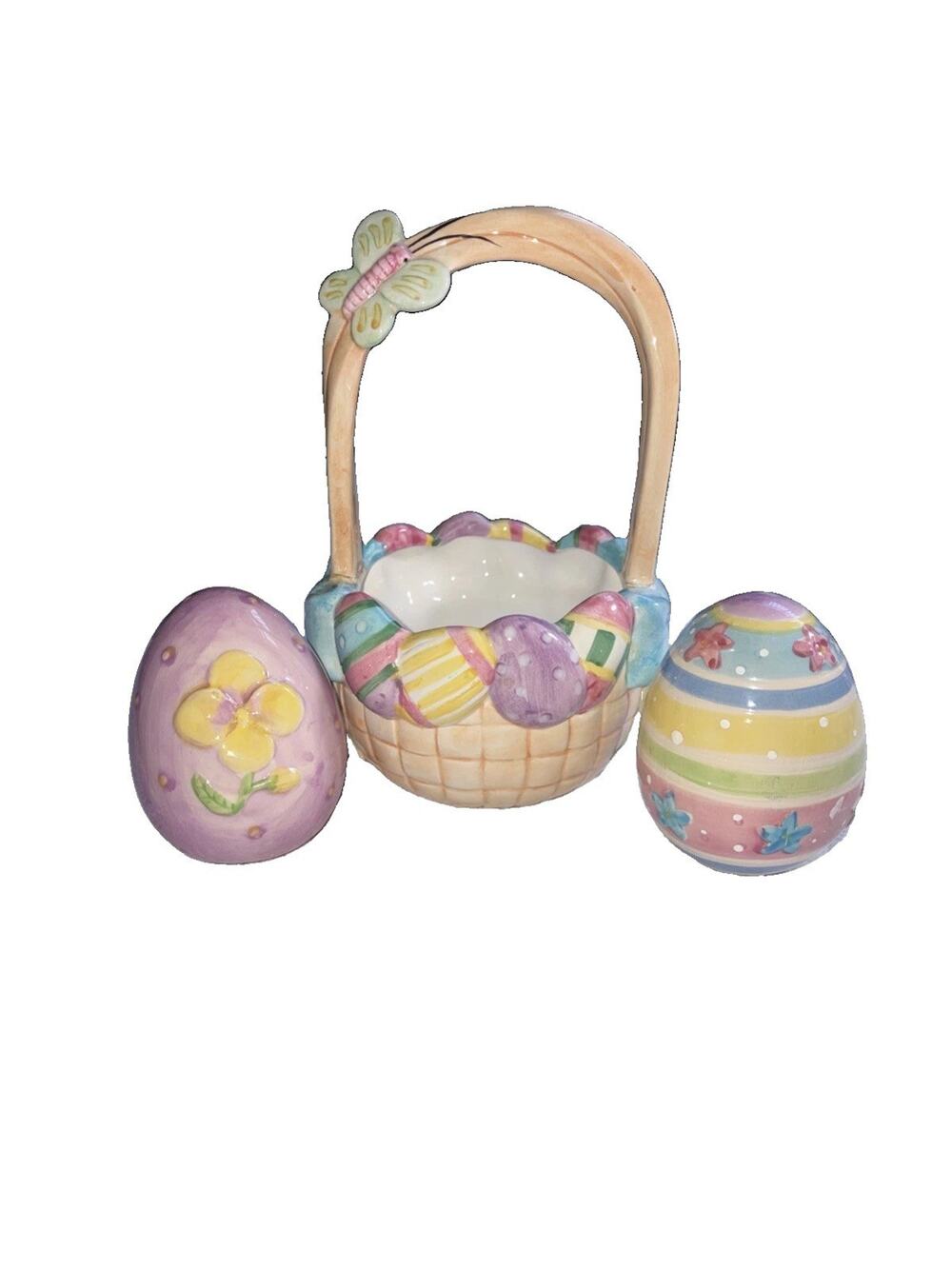 Detailed Ceramic Easter Basket With 2 Ceramic Eggs